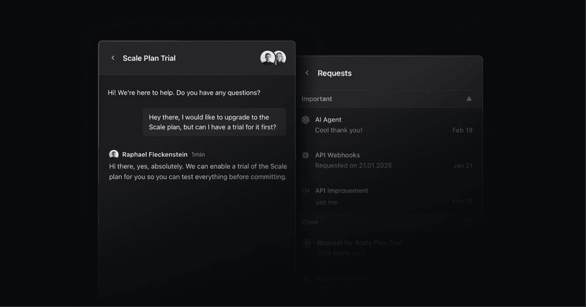 Live chat conversation alongside customer requests