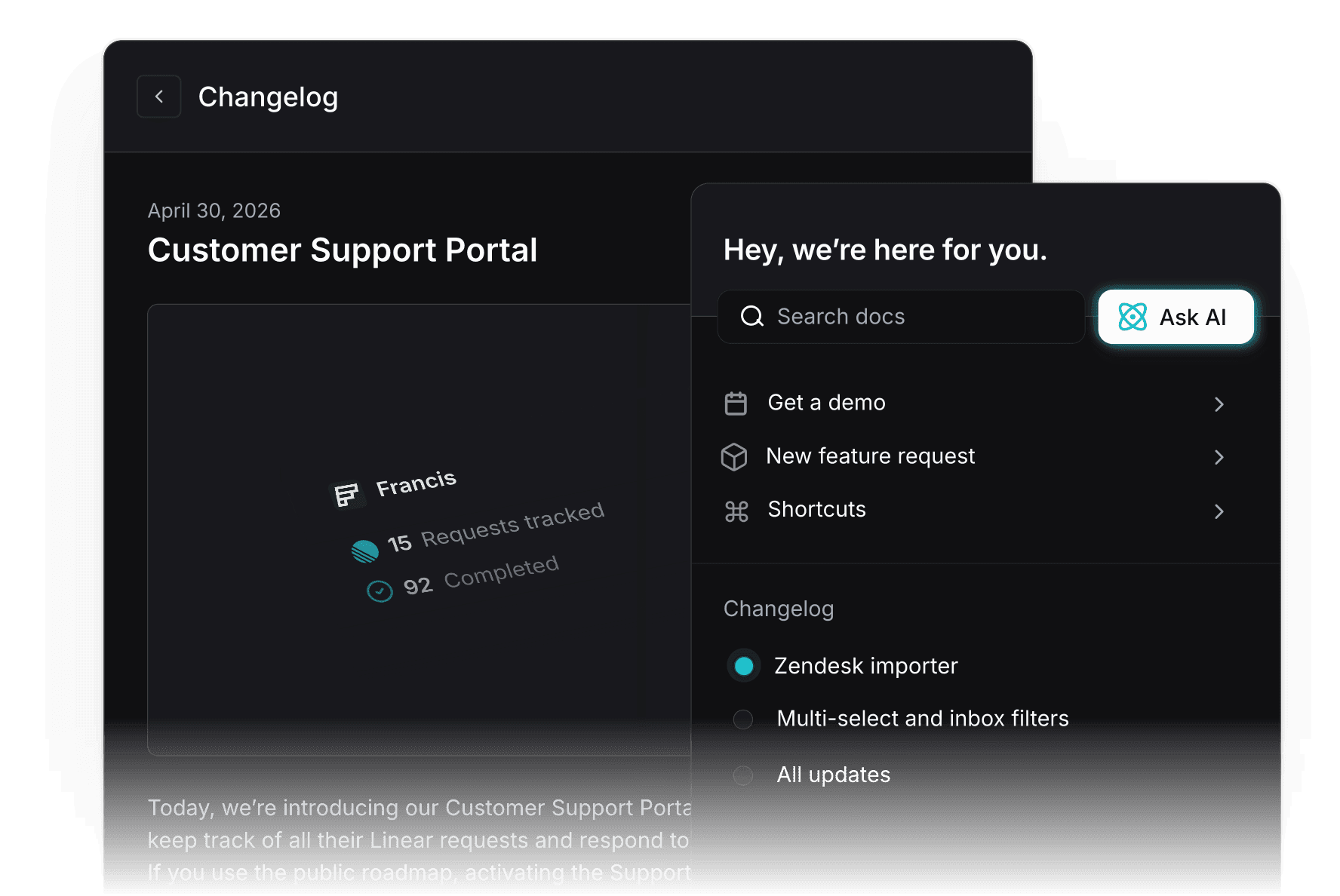 Changelog embedded in widget showing Customer Support Portal entry